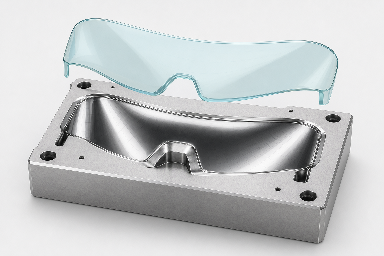Close-up of a mirror-polished mold insert with complex cavity geometry, produced via five-axis mirror machining at Yishun Optical