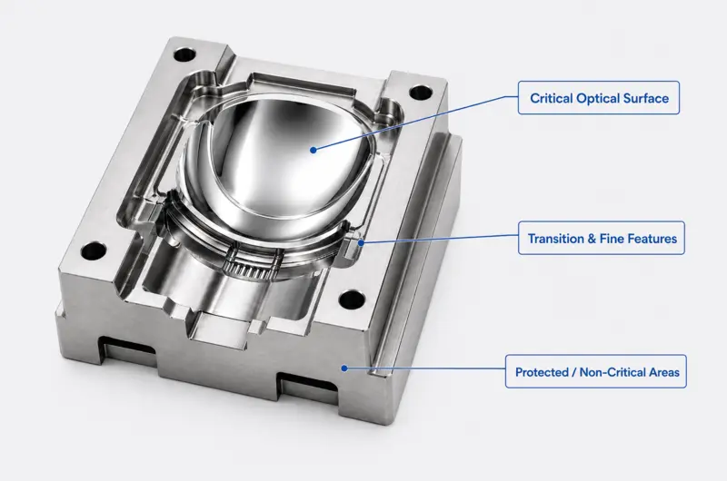 Diagram of an optical mold insert showing the critical optical surface, transition zones, and protected non-critical areas