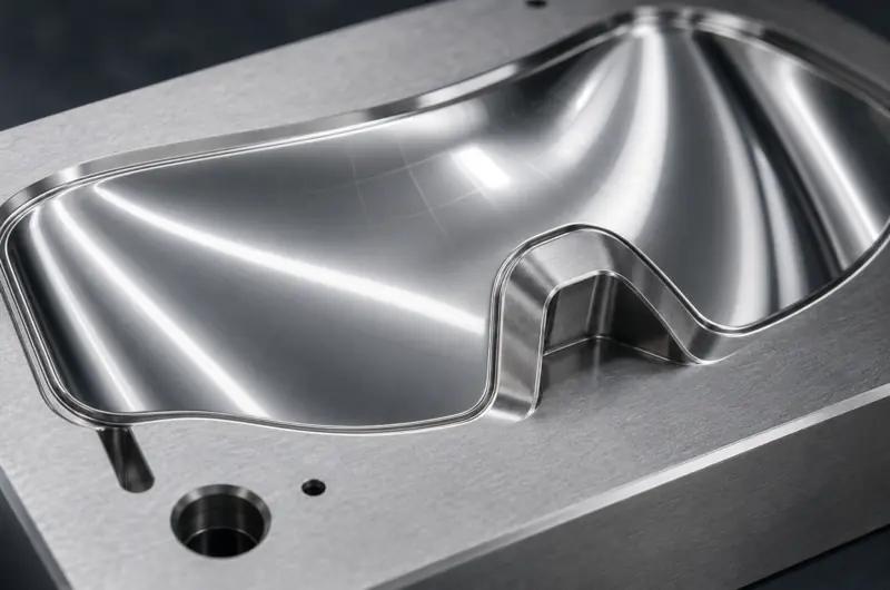Close-up of a mirror-polished safety glasses lens mold insert
