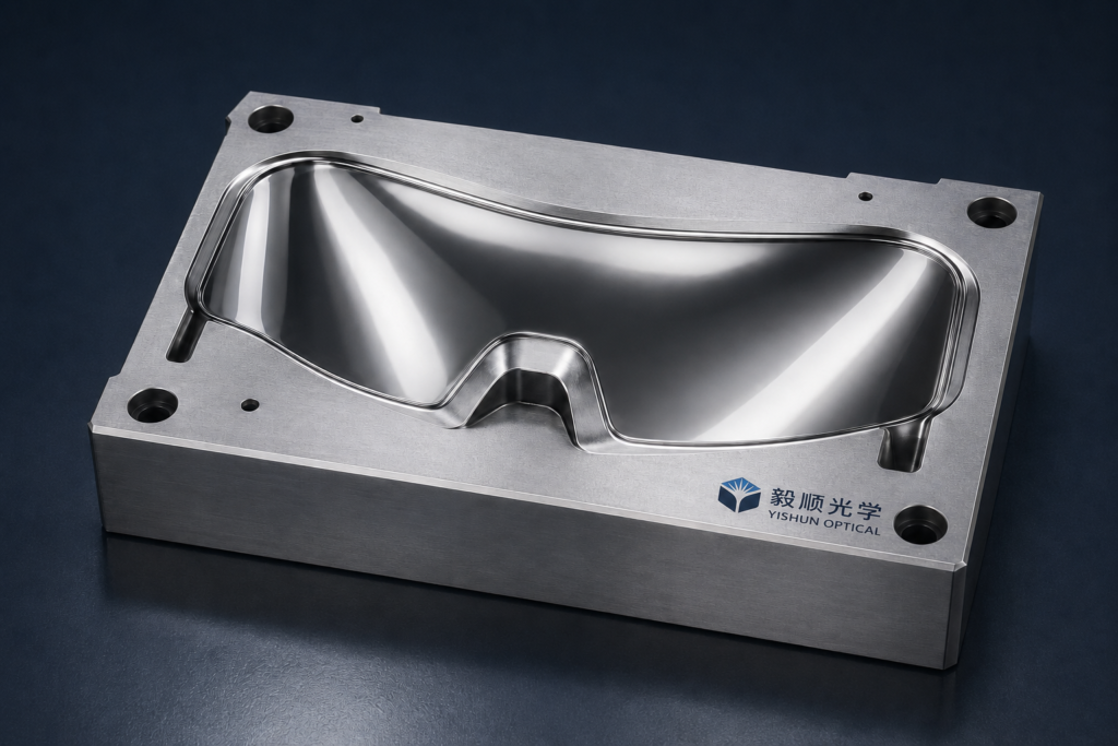 Mirror-polished safety glasses lens mold insert with freeform cavity