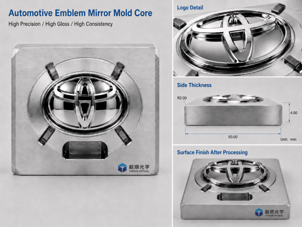 Custom automotive badge mold insert with mirror-polished oval logo cavity