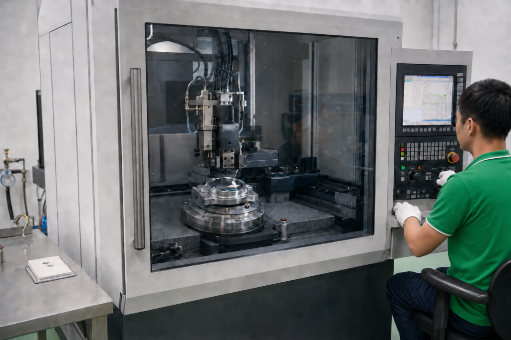 Precision machining of a swimming goggles lens mold core
