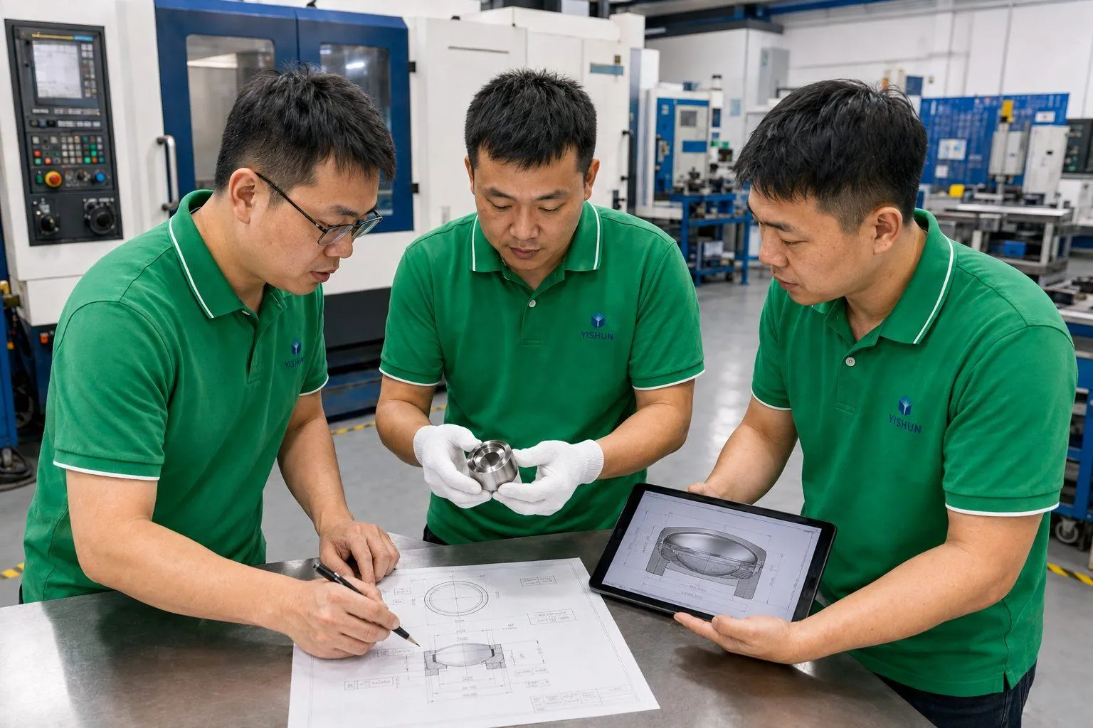 YISHUN engineers reviewing an aspheric optical mold insert and technical drawing
