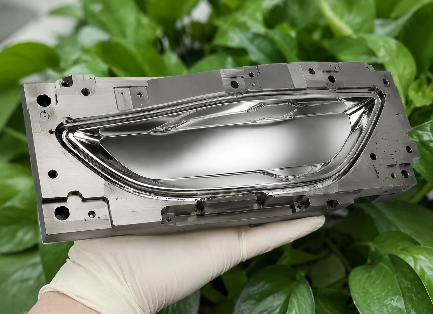 Automotive headlamp lens mold insert with a long mirror-finished optical cavity shown fully