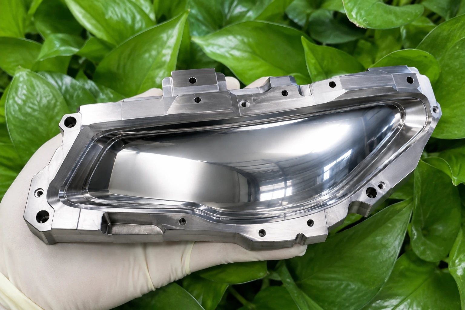 Automotive headlamp lens mold insert with mirror-finished optical cavity shown fully