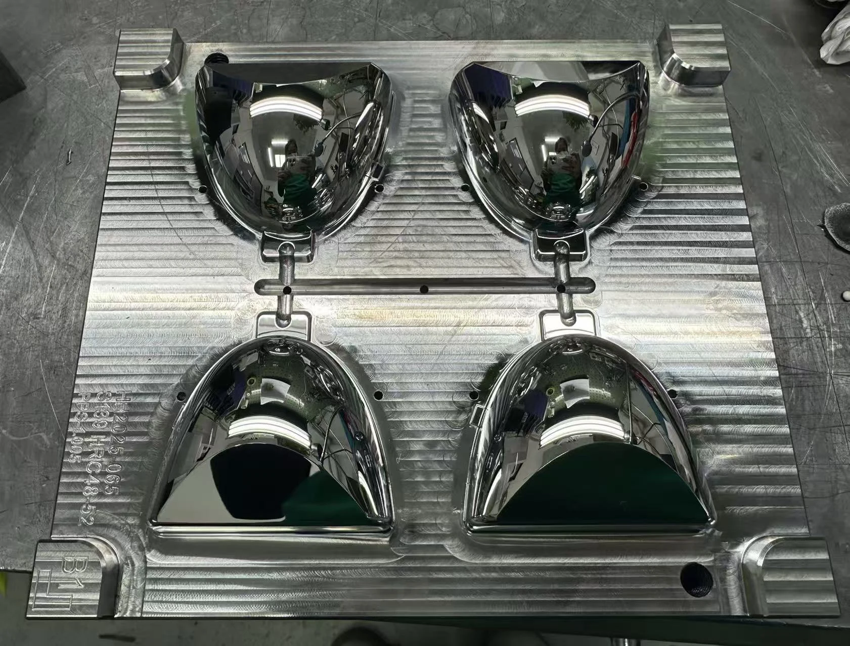 Actual automotive headlamp reflector mold insert set with four mirror-finish cavities