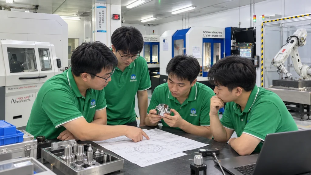 Yishun Optical engineering team reviewing an ultra-precision machining RFQ