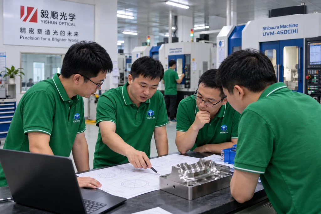 Yishun Optical engineers reviewing drawings and mold inserts before quotation