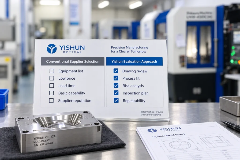Conventional supplier selection compared with Yishun Optical supplier evaluation approach