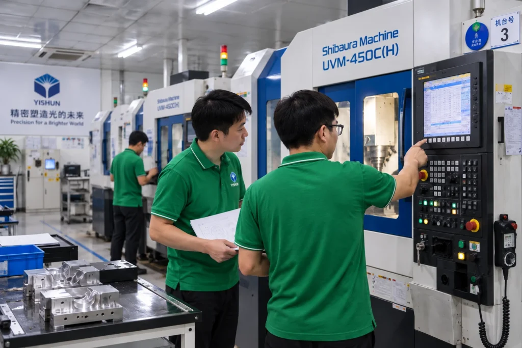 Yishun Optical engineers evaluating ultra-precision machining requirements on UVM equipment
